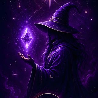 a wizard holding a crystal ball in his hand with the letter m on it's side Merlin Wizard Halloween Rainbow Purple black