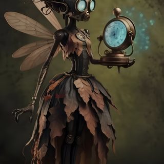 a woman dressed as a fairy holding an alarm clock with leaves on her body and wings Halloween Steampunk Steampunk Creature Concept Art, Steampunk Creatures, Fairy Artificer, dark slate gray