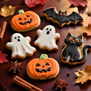 decorated halloween cookies sitting on top of a wooden table Halloween Cookie Halloween Sugar Cookies Decorated, Halloween Pumpkin Carving Stencils, Orange Icing, maroon