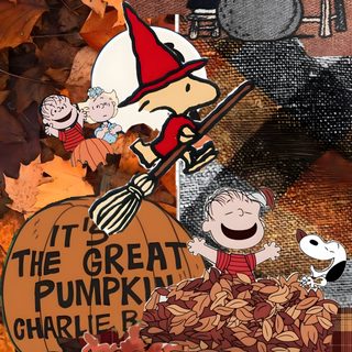 a collage of halloween images with pumpkins, jack - o - lantern and peanuts Halloween Charlie Brown sienna