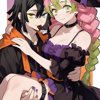 two people dressed up like witches hugging each other in front of a purple and orange background Halloween Demon Slayer Kimetsu No Yaiba Halloween, Mitsuri Halloween, Demon Slayer Halloween Pfp, sienna