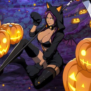 an animated image of a woman holding a knife and surrounded by pumpkins Bleach Halloween Yoruichi Christmas, Yoruichi Halloween, Yoruichi Banner, dark slate gray