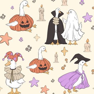 a group of ducks and geese in halloween costumes on a beige background with stars, pumpkins and other decorations Halloween Goose Cute Halloween Duck, Silly Goose, Halloween Ducks, Goose Patterns, Halloween Animal, old lace