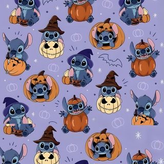 a purple background with many pumpkins and dogs on it Halloween Stitch dark gray
