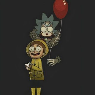 a cartoon character holding a red balloon in his hand and wearing a yellow outfit with black background Rick And Morty Halloween Rick E Morty, Fond D'écran Iphone Tumblr, Rick And Morty Drawing, black