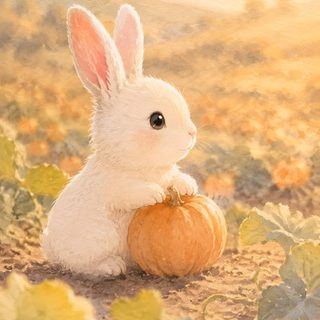 a white rabbit sitting on top of a pumpkin in the middle of a field with leaves Cute Bunny Halloween Rabbit, Bunny, Animal Art Prints, Pumpkin Art, Red Panda, Animal, burlywood