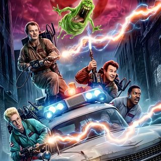 the movie poster for ghostbuster 3 is shown in front of an old car Ghostbusters Halloween Ghostbusters, Cartoons 80s 90s, Cow, Harry Potter Cartoon, dark slate gray