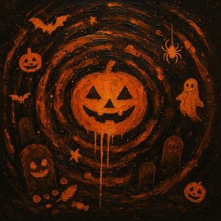 an artistic halloween painting with pumpkins and ghost faces in the center, surrounded by bats Black And Gold And Orange Halloween Halloween Widgets, Halloween Orange Aesthetic, Halloween Cover Art,