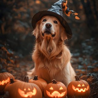 a golden retriever dog wearing a witches hat and sitting next to carved pumpkins Golden Retriever Halloween Autumn Pet Photography, Dog Wearing Witch Hat With Pumpkins, Fall Pet Photo Inspiration, dark slate gray