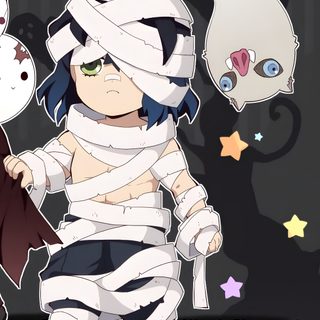 an anime character with bandages wrapped around his body and two other characters in the background Inosuke Halloween Inosuke Christmas, Inosuke Chibi, Demon Slayer Halloween Pfp, dark slate gray