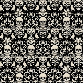 a black and white wallpaper with skulls on it Damask Halloween Halloween Skull Fabric Design, Spooky Damask Pattern, Halloween Themed Fabric With Skulls, black