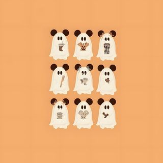 a group of ghost dogs with their heads in the shape of mickey mouses on an orange background Aesthetic Cute Disney Halloween Disney Fall, sandy brown