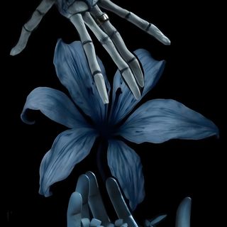 a hand reaching for a blue flower on top of a black background with white hands Halloween Iphone Corpse Bride Corpse Bride Art, Emily Corpse Bride, Tim Burton Corpse Bride, black