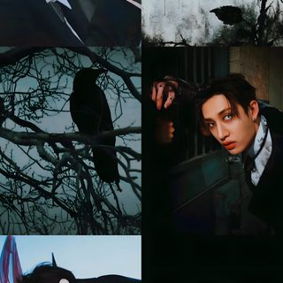 the collage has different images of people and bats on it, including one man in a suit Jungkook Halloween black