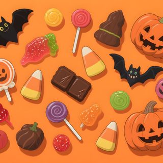 halloween candy and candies on an orange background Halloween Candy Hd Halloween Sweets Cartoon, Halloween Candy Animated, Halloween Food Illustration, coral