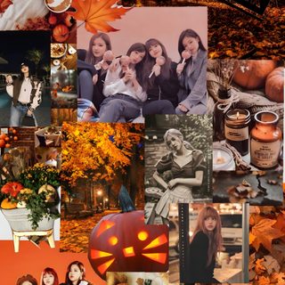 a collage of photos with pumpkins, leaves and people in the woods at night Halloween Blackpink K Pop Halloween, Blackpink Fall, Kpop Fall Aesthetic, Blackpink Christmas, saddle brown
