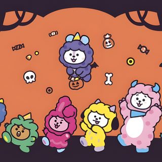 some cartoon characters are standing in front of an orange background Bt21 Halloween Bt21 Autumn, Bt21 Fall, Bt21 Thanksgiving, Bt21 Halloween Gif, Bt21 Halloween, peru