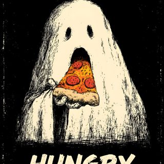 a white ghost holding a slice of pizza with the word hungry on it's face Halloween Pizza Cartoon Pizza Ghost Drawing On Green Background, Ghost With Pizza Tattoo, Cute Ghost Eating Pizza, black
