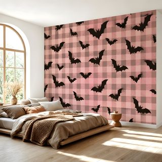a bedroom with pink and black checkered wallpaper that has bats painted on it Halloween Plaid Pink Custom rosy brown