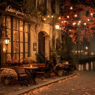 an autumn scene with tables and chairs in front of a building, lit by lanterns Cozy Halloween Desktop Fall Background For Zoom, Autumn Windows, Fall Forest Desktop, saddle brown