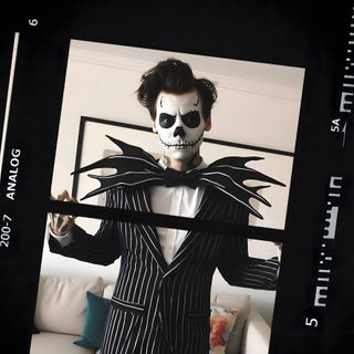 an image of a man dressed up as jack skelling Harry Styles Halloween Pumpkin Carving Ideas Harry Styles, Harry Styles, One Direction Halloween, black