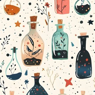 an image of bottles with plants and stars on them Halloween Magic Potions Light Greysmall Potion Bottle Ideas, Witch Potion Bottle, Witch Potion, linen