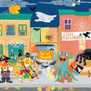 a group of cartoon characters standing in front of a building with halloween decorations on it Sesame Street Halloween Sesame Street Dj, Sesame Street Halloween, Sesame Street Town, dark khaki