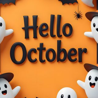 a group of halloween ghostes with the words hello october written in black on an orange background Halloween Hello October Happy Halloween Pictures, Halloween Iphone Backgrounds, Halloween Backgrounds, sienna