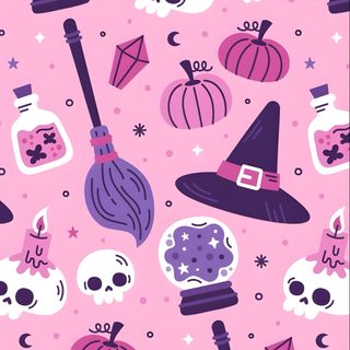 a pink background with skulls, witches and pumpkins Pink And Purple Halloween Cute Pink Halloween Phone Background, Pastel Halloween Aesthetic, Pastel Halloween Iphone,