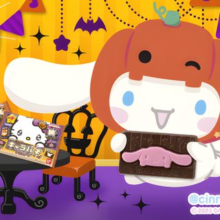 a cartoon character holding a piece of cake in front of a halloween themed wallpaper Cinnamoroll Halloween Laptop peru