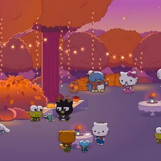 an animated game with many different characters in the background and trees, bushes, and lights Sanrio Halloween Gif Kawaii, Hello Kitty School, Cool For Pc, Aesthetic Iphone, Flower Desktop, dim gray