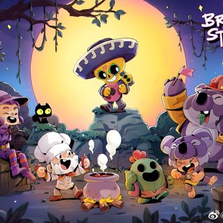 the cartoon characters are all dressed up in halloween costumes, including an owl and other animals Brawl Stars Halloween Brawl Stars Halloween, Brawl Stars Halloween Background, Brawl Stars Game Art, dim gray