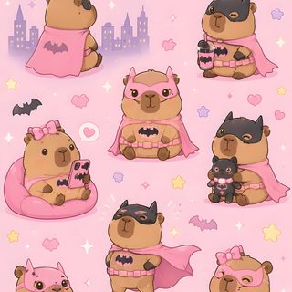 a pink background with many different pictures of bears in costumes and bats on it's face Capybara Halloween misty rose