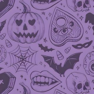 a purple background with skulls, bats and pumpkins Halloween Jumble -faded Purple Purple Halloween Background Aesthetic, Purple Halloween Background Iphone, Pastel Purple Halloween,