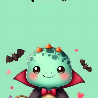 a green background with a cute little monster holding a pumpkin and wearing a red bow tie Cute Halloween Dinosaur Halloween Squishmallows, Fall Dinosaur, Autumn Dinosaur, pale green