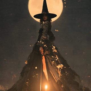 a woman dressed as a witch standing on top of a pile of trash in front of a full moon Witch Halloween dark slate gray