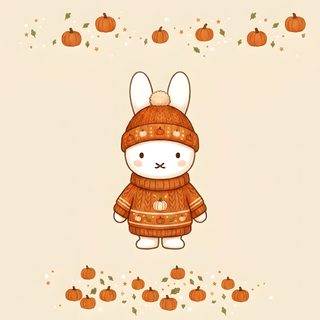 an animal wearing a sweater and hat with pumpkins in the air behind it on a beige background Miffy Halloween antique white