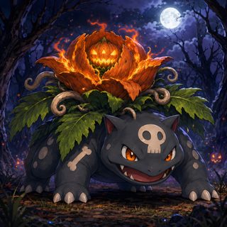 an animal with a pumpkin on top of it's head Halloween Bulbasaur dark slate gray