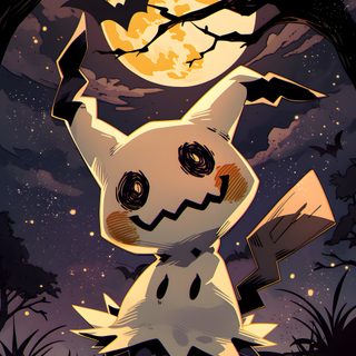 a drawing of a cat in front of a full moon with bats flying around it Halloween Mimikyu Mimikyu Cute, Pokemon Mimikyu Art, Cute Mimikyu Pokemon, dark slate gray