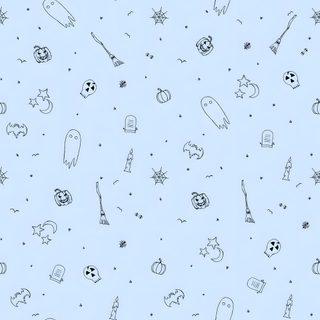 a blue background with black and white drawings on it Cute Light Blue Halloween Halloween Backgrounds, Light Blue Halloween, Light Blue Halloween Aesthetic, lavender