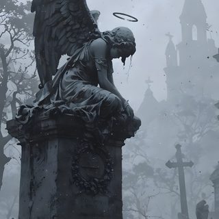 an angel statue sitting on top of a grave Halloween Angel Requiescat In Pace, 3d Dark, Lost Angel, Angel Iphone, Gothic Angel Aesthetic, dim gray
