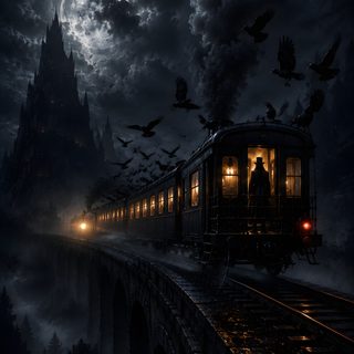 a train traveling over a bridge at night with bats flying around it and a full moon in the sky Halloween Ghost Train Fantasy Train, Train, Illusion Pictures, Samurai, Gothic Art, Dark Side, black