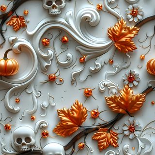 an intricately decorated wall with pumpkins, leaves and skulls Halloween Celtic Tiles Custom Halloween, Halloween Skulls, Halloween Iphone, gray