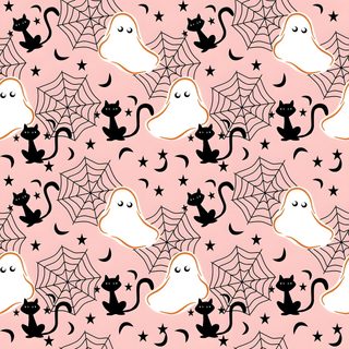 a pink background with black cats and spiderweaves on it's sides Halloween Ghosts And Webs On Pink Pink Background Bat Design, Pink Halloween Spider Web Design, Pink And Black Spider Pattern,