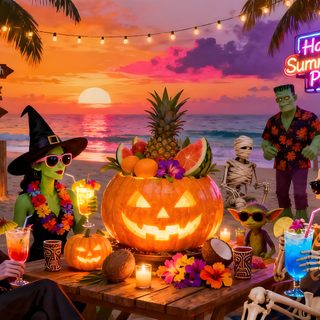 a group of people sitting on top of a beach next to a table covered in halloween decorations Beach Halloween sienna