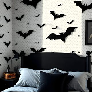 a bedroom decorated in black and white with bats on the wall Halloween Bat For Bedroom Bat-themed Home Decor Ideas, Bat Themed Bedroom, Victorian Gothic, gray