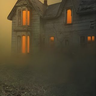 an old abandoned house in the fog with windows lit up at night and grass on the ground Halloween Ios16 Haunted House Aesthetic, Ios 26 Depth Effect Halloween, Scary Hallway Hd, dark olive green