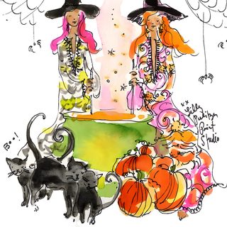 a drawing of two witches with cats and pumpkins Lilly Pulitzer Halloween Lilly Pulitzer Illustration, Fall Lilly Pulitzer, Witch Costume Pet Illustration, white