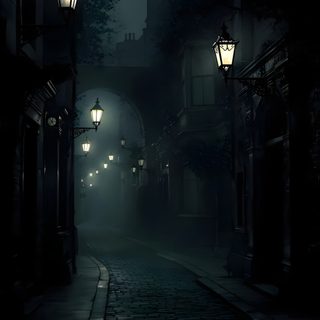 an empty street at night in the dark with two lights on and one light turned on Spooky Halloween Street Victorian Streets, Victorian Era Dark Aesthetic, Dark Pathway, black
