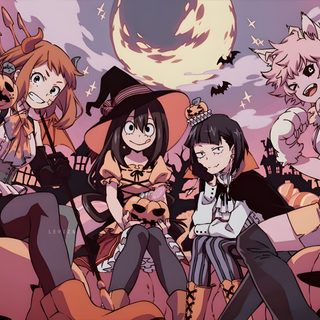 anime characters sitting on rocks in front of a full moon with bats and cats around them Cute Mha Halloween Aesthetic Cute Halloween Banner, My Hero Academia Halloween, Halloween Twitter Banner, indian red
